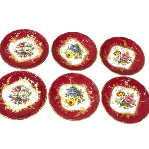 Limoges France plates (6) hand painted floral berry red & gold trim scallop rims